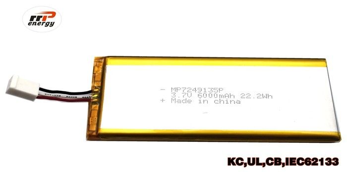 Medical Device Li Polymer Battery 6000mah 3.7V MP7249135P With KC CB UL Approval